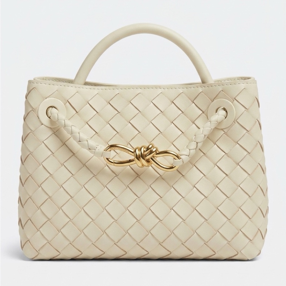 Bottega Veneta Cream Woven Top-Handle Crossbody with Gold Knot Accent